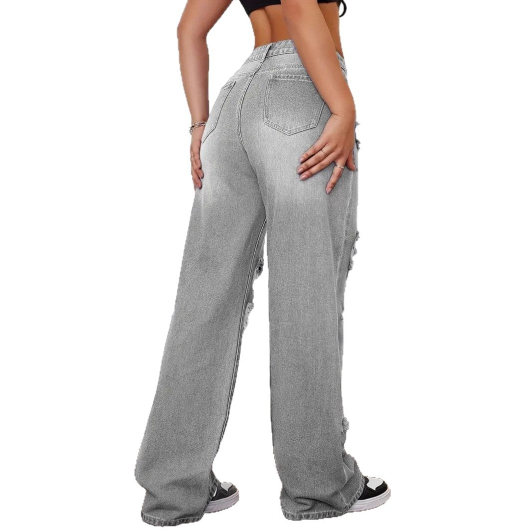 Trendy Washed Ripped Straight Jeans