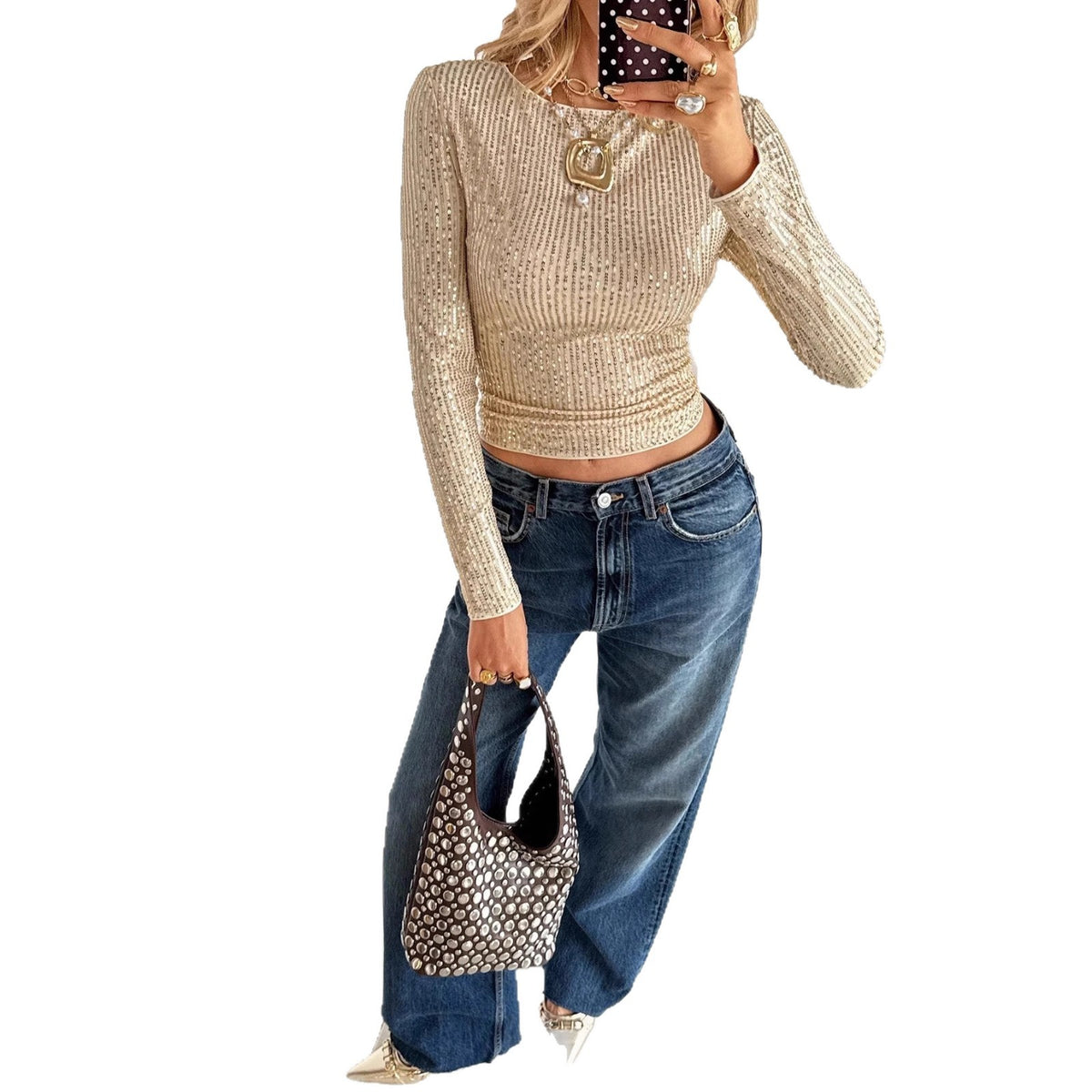Shiny Sequin Crew Long Sleeve