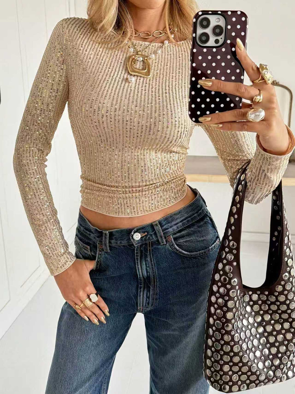 Shiny Sequin Crew Long Sleeve
