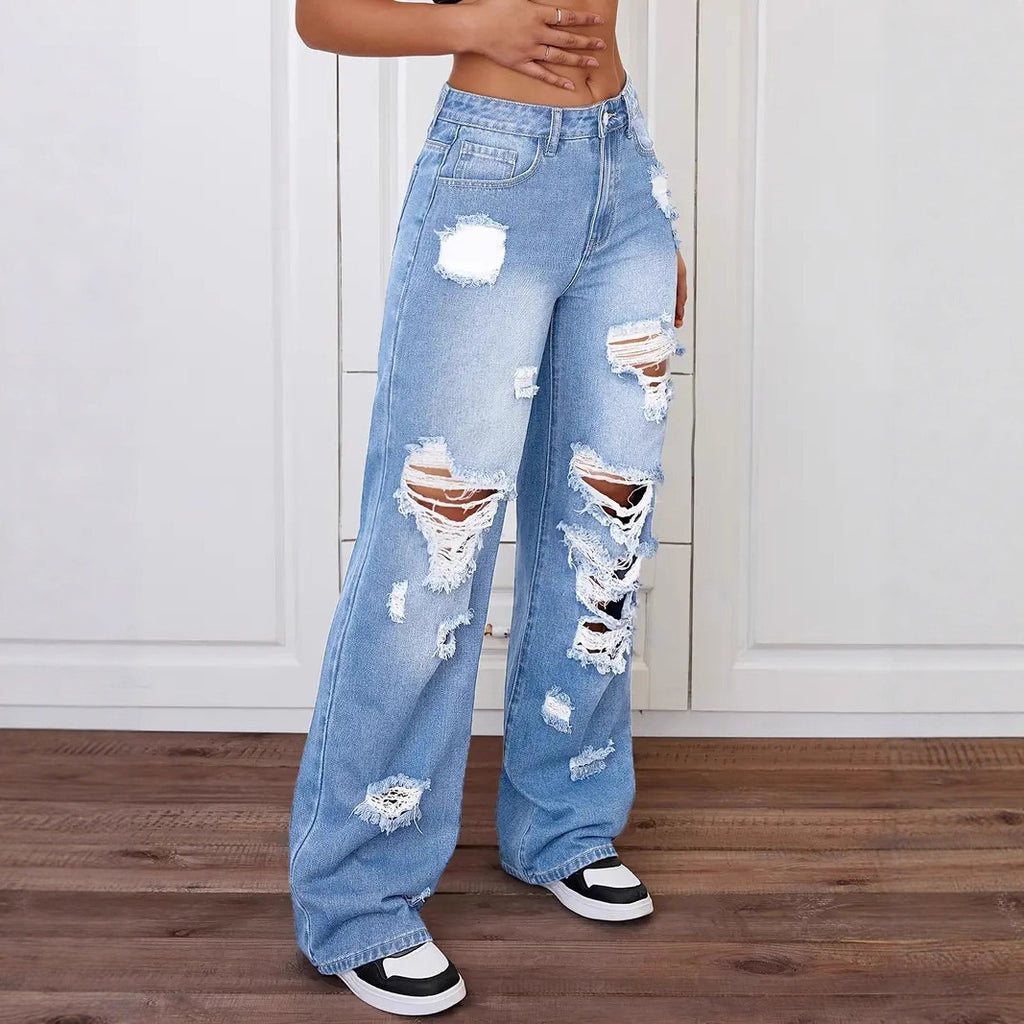 Trendy Washed Ripped Straight Jeans