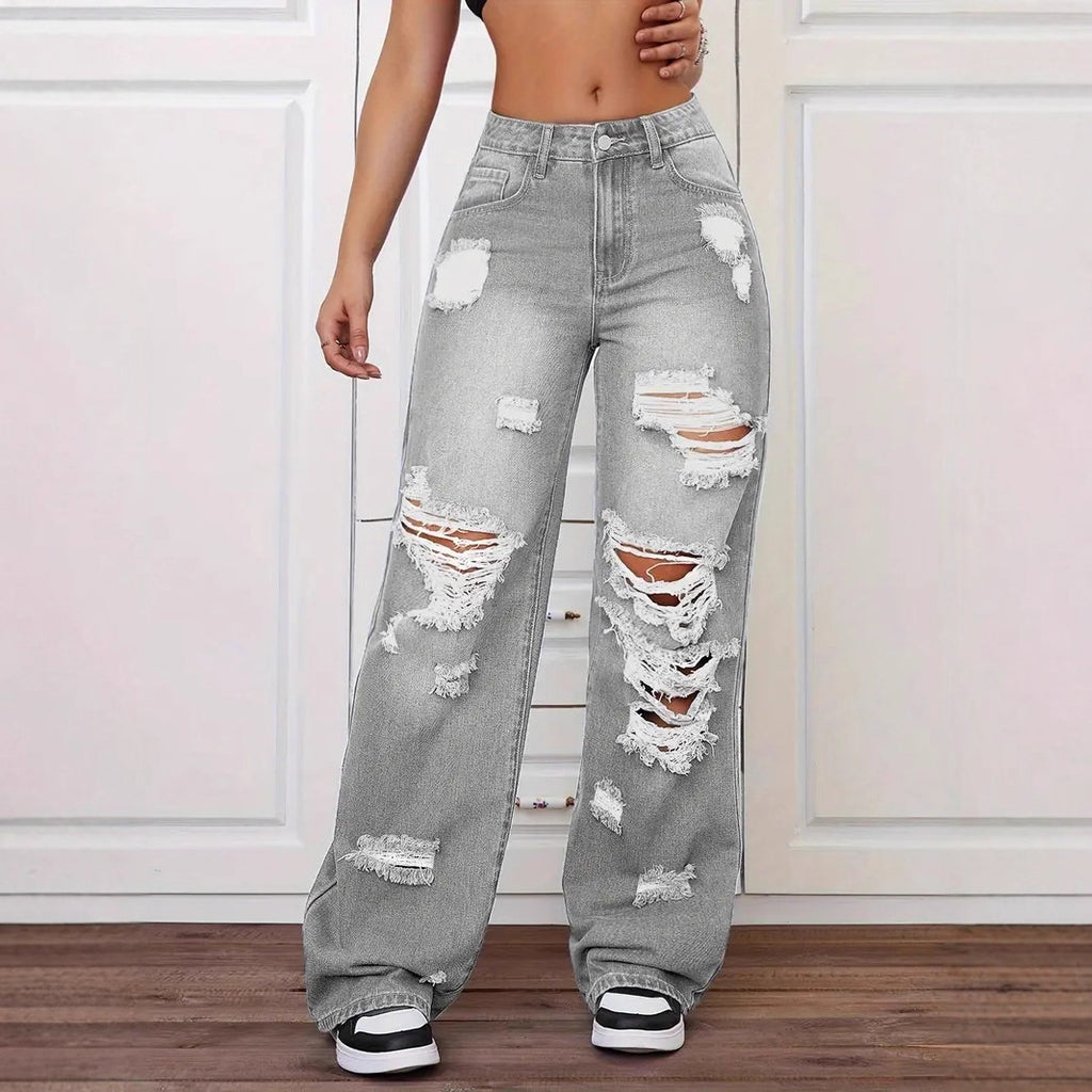Trendy Washed Ripped Straight Jeans